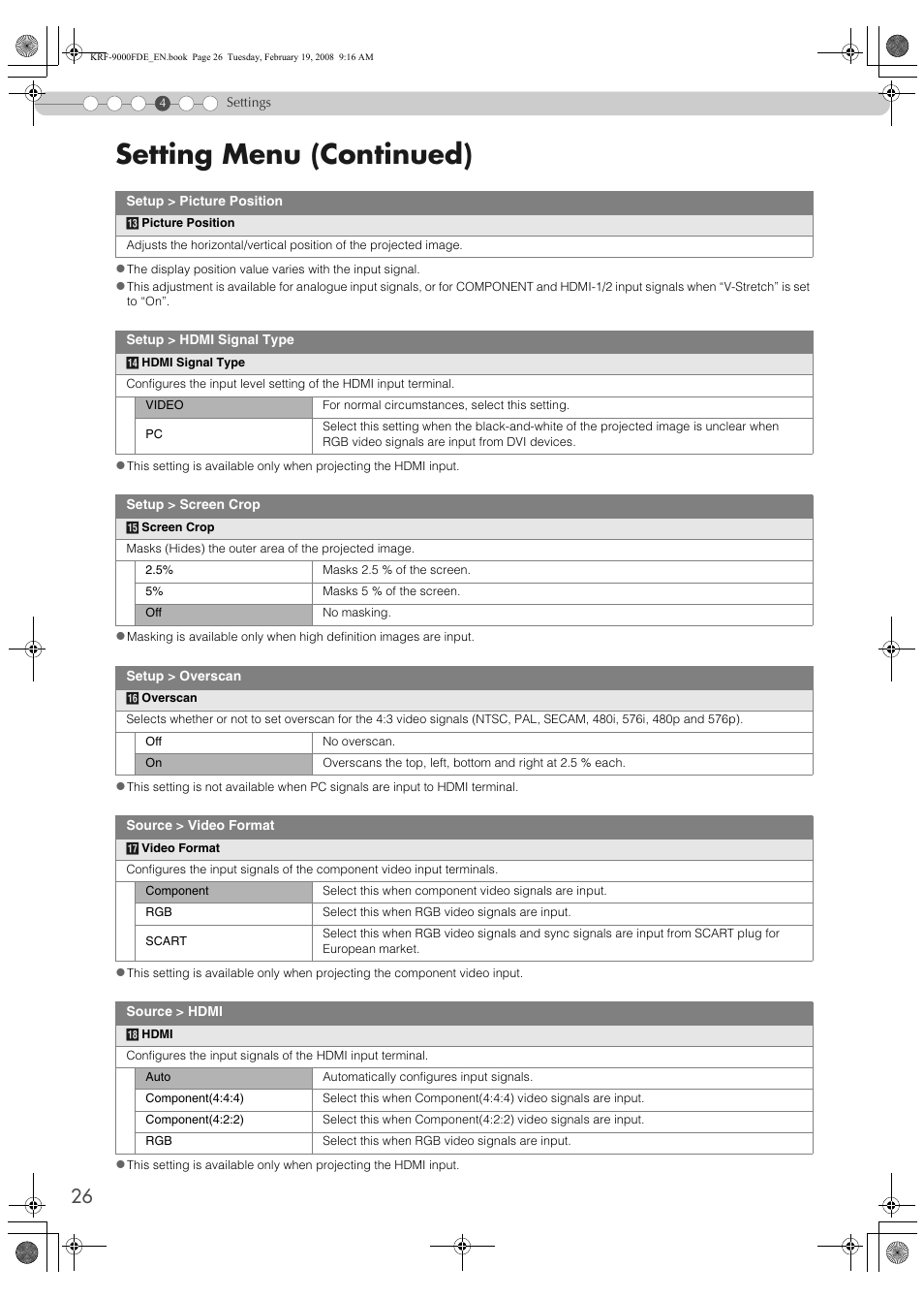 Set “video format, Video format, Setting menu (continued) | Pioneer KRF-9000FD User Manual | Page 26 / 259