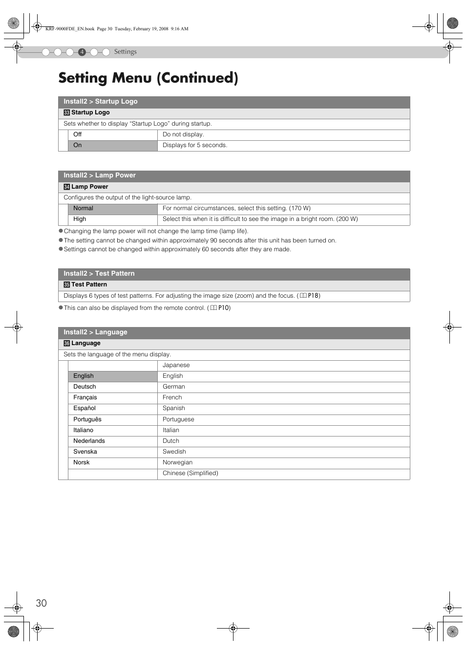 Setting menu (continued) | Pioneer KRF-9000FD User Manual | Page 30 / 259