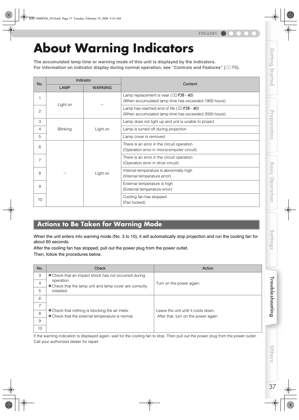 About warning indicators, Actions to be taken for warning mode, P37) | G (p | Pioneer KRF-9000FD User Manual | Page 37 / 259