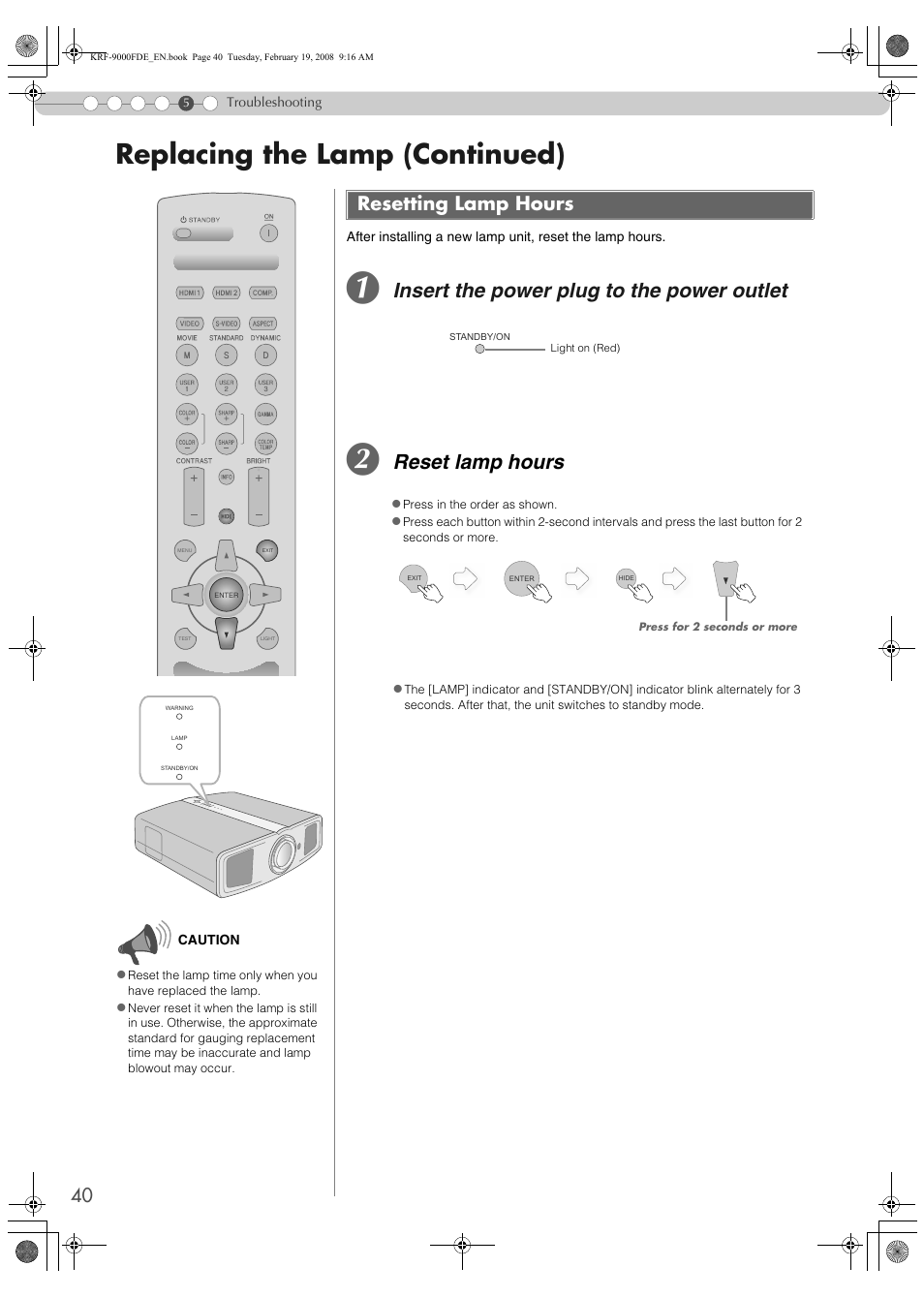 Resetting lamp hours, Replacing the lamp (continued), Insert the power plug to the power outlet | Reset lamp hours | Pioneer KRF-9000FD User Manual | Page 40 / 259