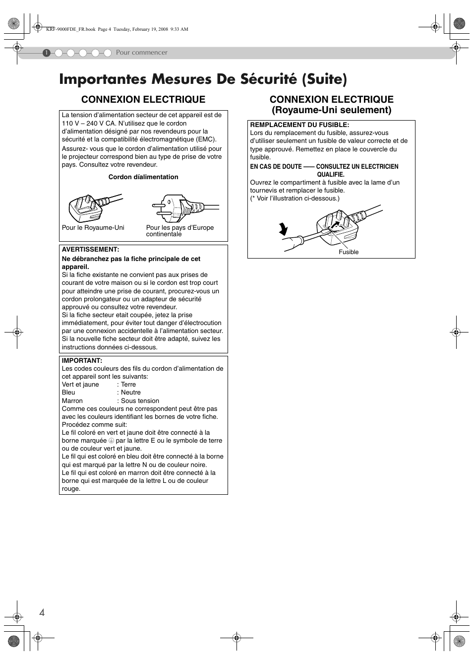 Importantes mesures de sécurité (suite), Connexion electrique, Connexion electrique (royaume-uni seulement) | Pioneer KRF-9000FD User Manual | Page 56 / 259