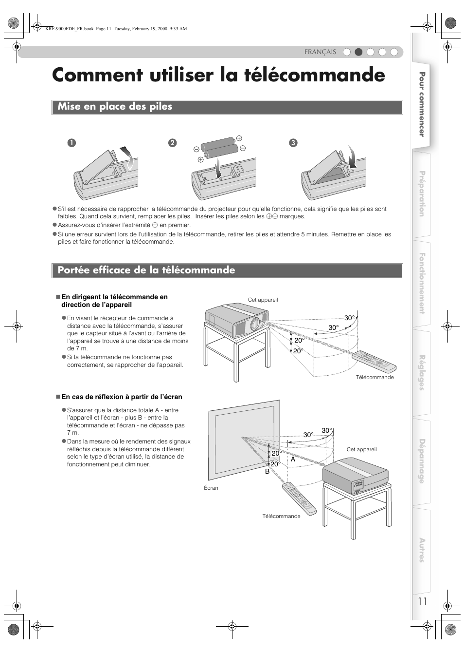 Comment utiliser la télécommande, Mise en place des piles, Portée efficace de la télécommande | Ce (p, P11) | Pioneer KRF-9000FD User Manual | Page 63 / 259