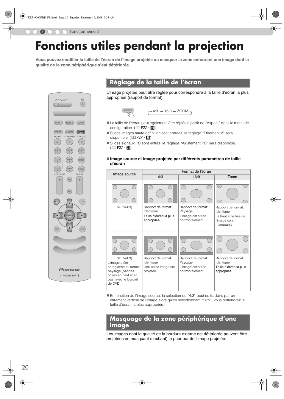 Fonctions utiles pendant la projection, Réglage de la taille de l’écran, Masquage de la zone périphérique d’une image | P20) | Pioneer KRF-9000FD User Manual | Page 72 / 259