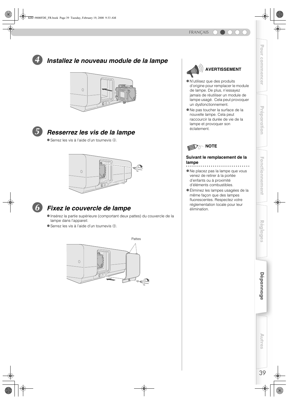 Pp39, Installez le nouveau module de la lampe, Resserrez les vis de la lampe | Fixez le couvercle de lampe | Pioneer KRF-9000FD User Manual | Page 91 / 259