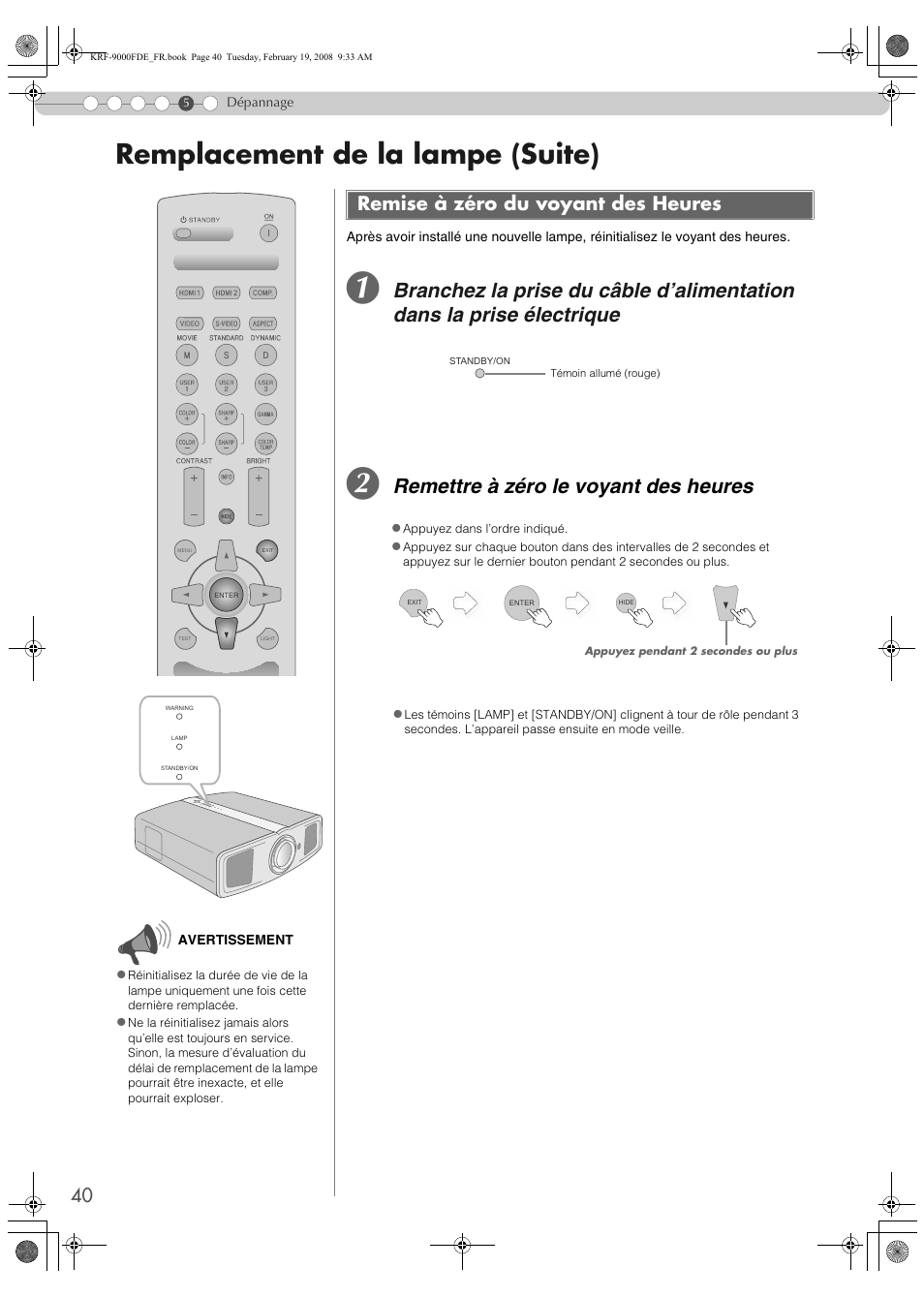 Remise à zéro du voyant des heures, Remplacement de la lampe (suite), Remettre à zéro le voyant des heures | Pioneer KRF-9000FD User Manual | Page 92 / 259