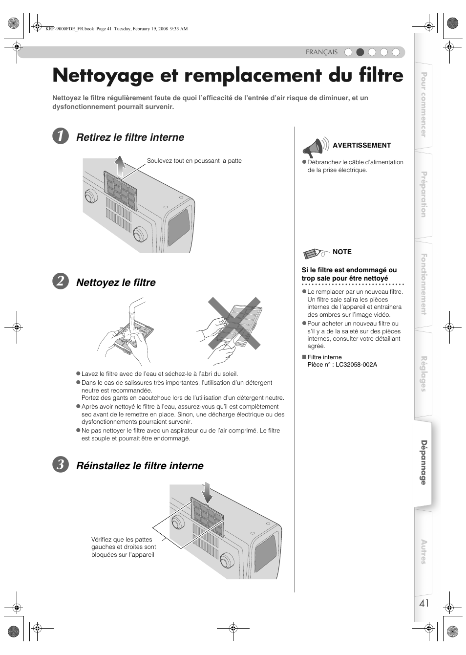 Nettoyage et remplacement du filtre, P41), Pp41 | Retirez le filtre interne, Nettoyez le filtre, Réinstallez le filtre interne | Pioneer KRF-9000FD User Manual | Page 93 / 259