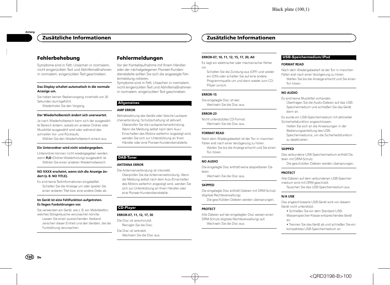 Fehlerbehebung, Fehlermeldungen, Zusätzliche informationen | Pioneer DEH-X6600DAB User Manual | Page 100 / 148