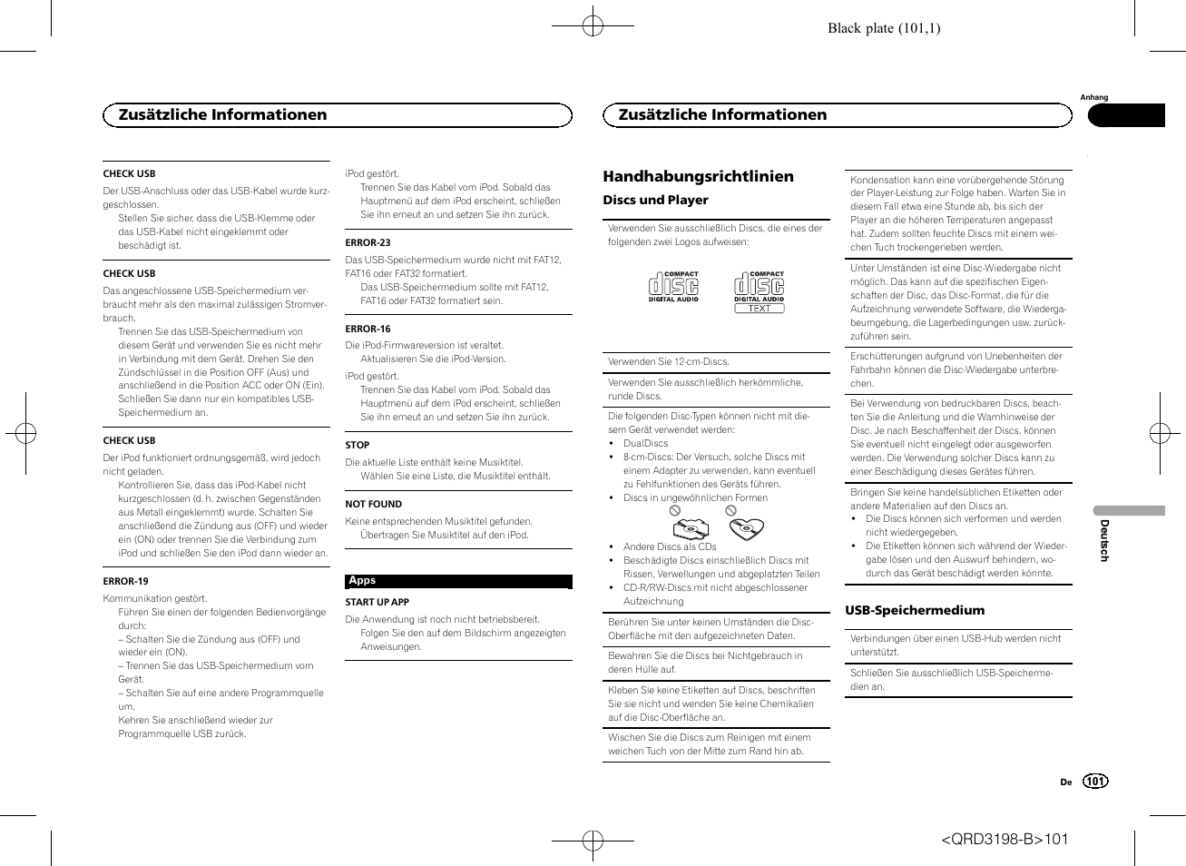 Handhabungsrichtlinien, Zusätzliche informationen | Pioneer DEH-X6600DAB User Manual | Page 101 / 148