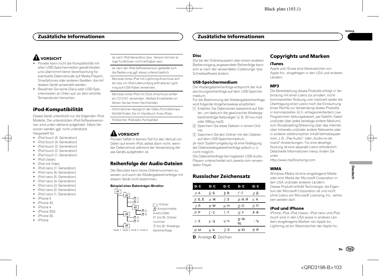 Ipod-kompatibilität, Reihenfolge der audio-dateien, Russischer zeichensatz | Copyrights und marken, Zusätzliche informationen | Pioneer DEH-X6600DAB User Manual | Page 103 / 148