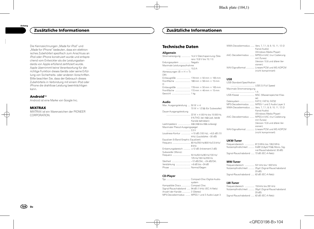 Technische daten, Zusätzliche informationen | Pioneer DEH-X6600DAB User Manual | Page 104 / 148