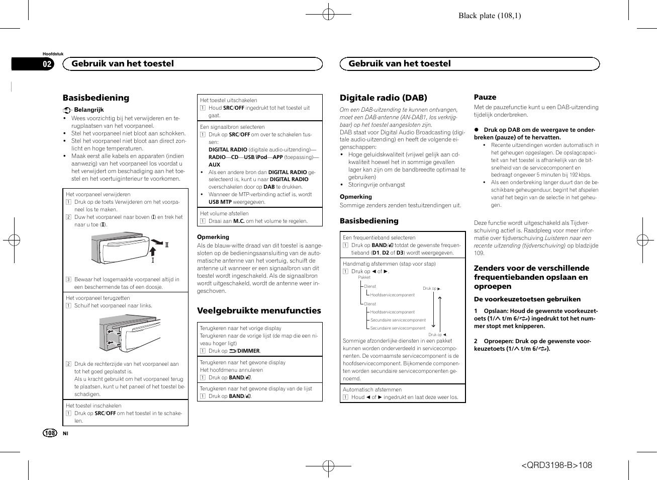 Basisbediening, Veelgebruikte menufuncties, Digitale radio (dab) | Gebruik van het toestel | Pioneer DEH-X6600DAB User Manual | Page 108 / 148