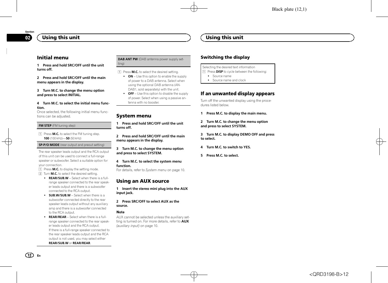 Sp-p/o mode (rear output and preout set, Initial menu, System menu | Using an aux source, If an unwanted display appears, Using this unit | Pioneer DEH-X6600DAB User Manual | Page 12 / 148