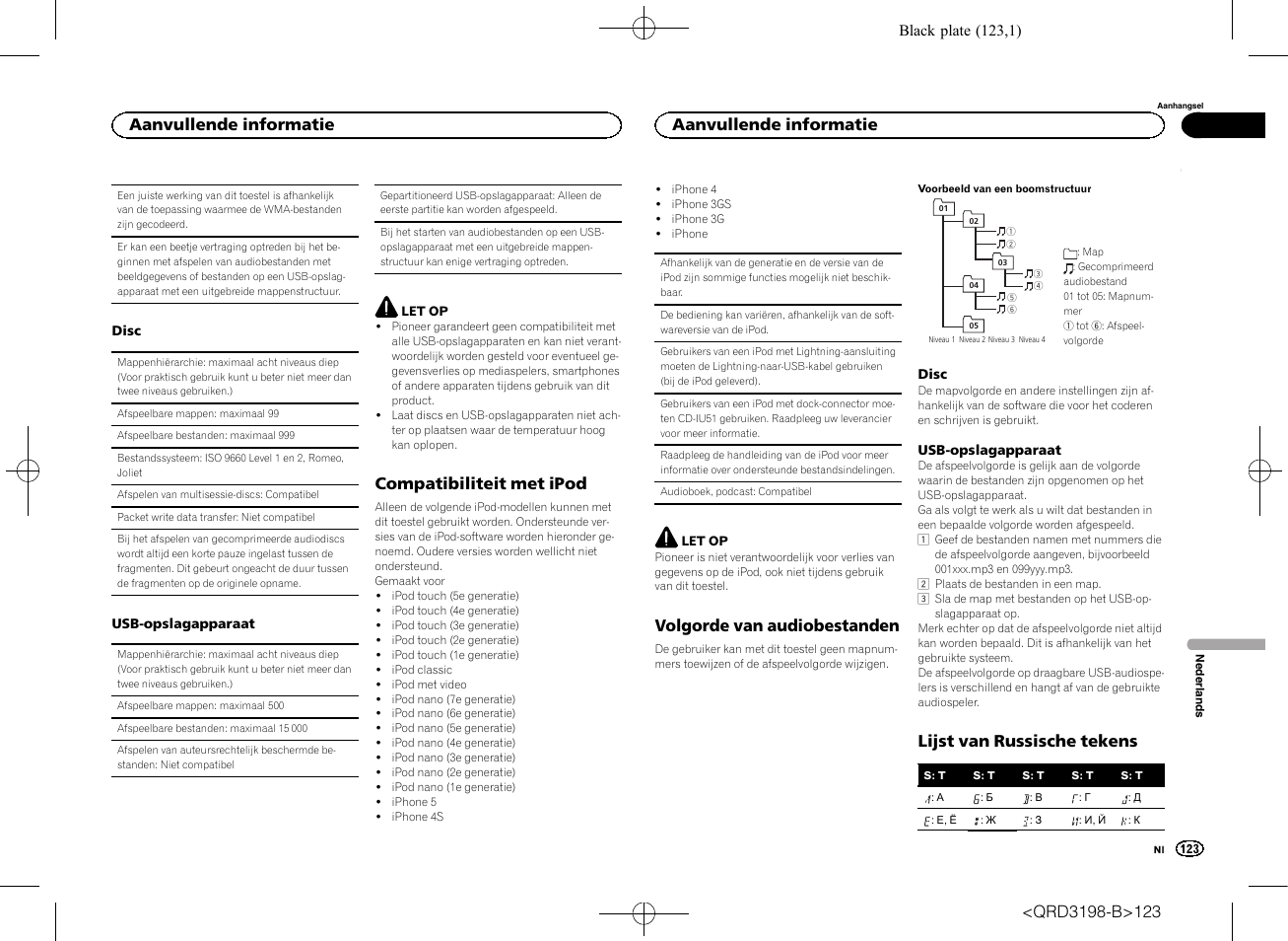 Compatibiliteit met ipod, Volgorde van audiobestanden, Lijst van russische tekens | Aanvullende informatie | Pioneer DEH-X6600DAB User Manual | Page 123 / 148