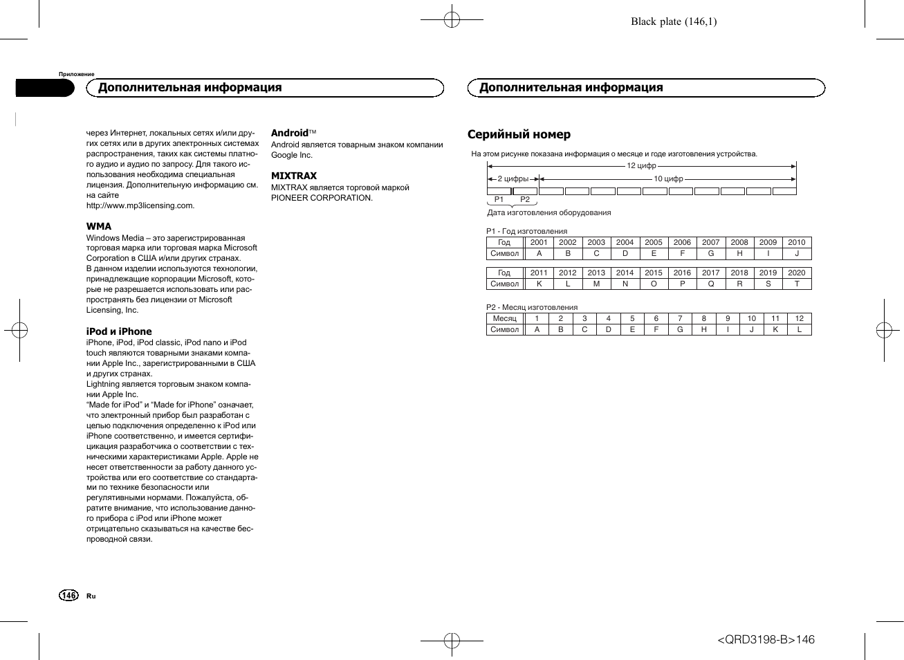 Серийный номер, Дополнительная информация | Pioneer DEH-X6600DAB User Manual | Page 146 / 148
