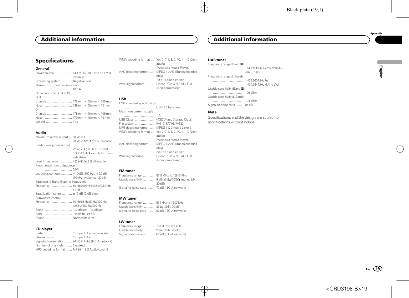 Specifications, Additional information, Black plate (19,1) | Pioneer DEH-X6600DAB User Manual | Page 19 / 148