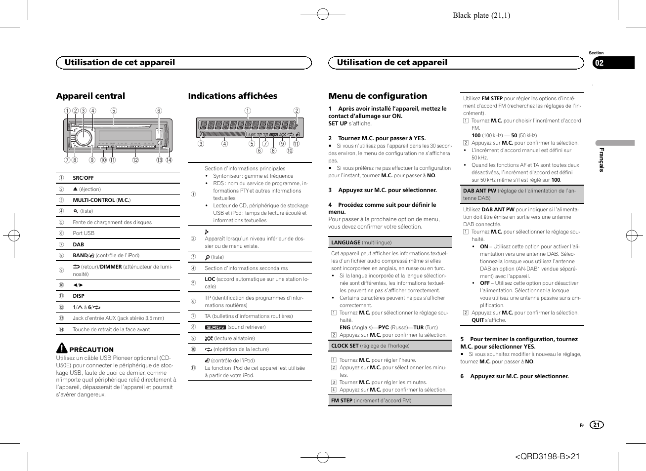 Appareil central, Indications affichées, Menu de configuration | Utilisation de cet appareil | Pioneer DEH-X6600DAB User Manual | Page 21 / 148