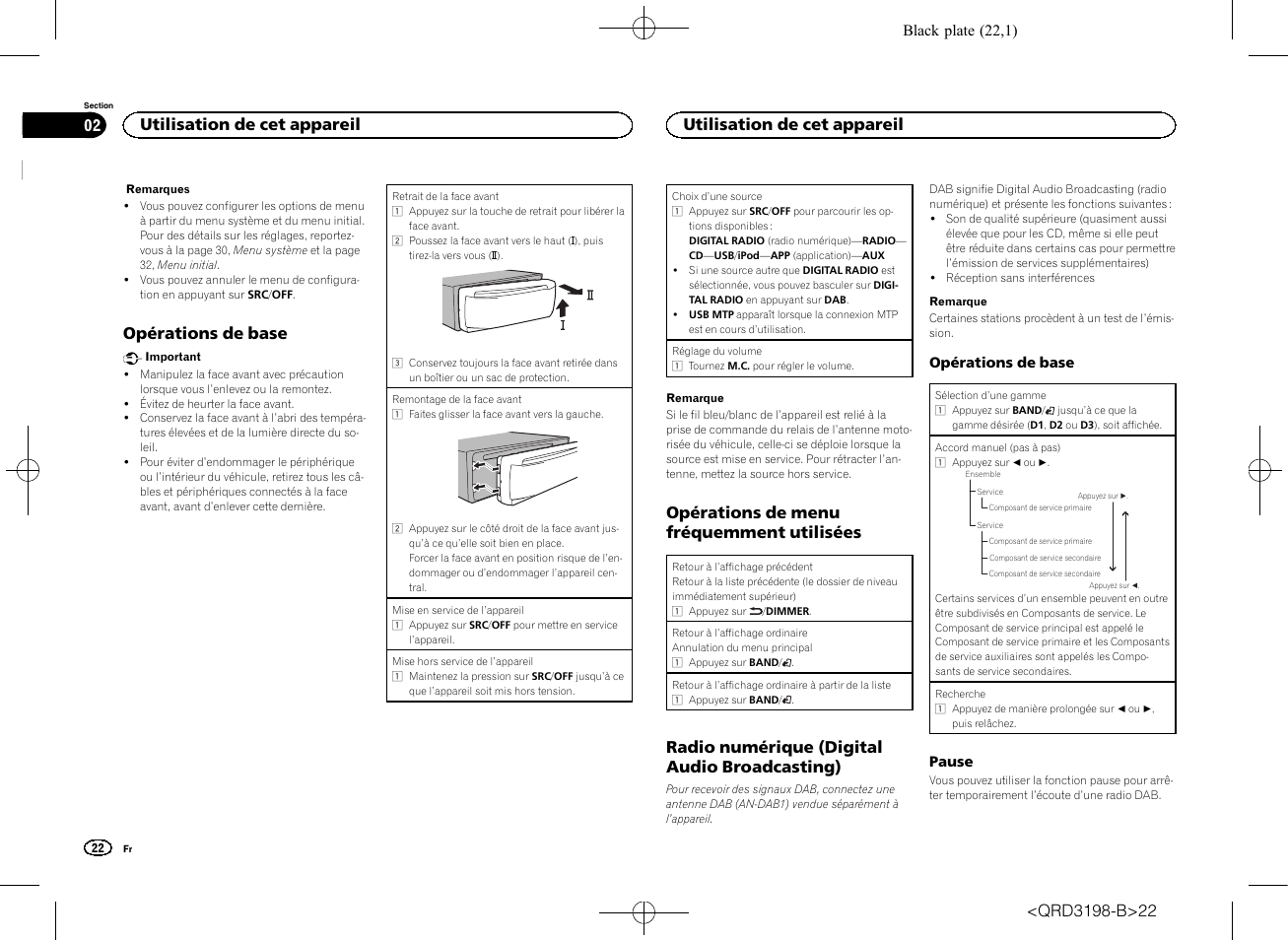 Opérations de base, Opérations de menu fréquemment utilisées, Radio numérique (digital audio broadcasting) | Utilisation de cet appareil | Pioneer DEH-X6600DAB User Manual | Page 22 / 148