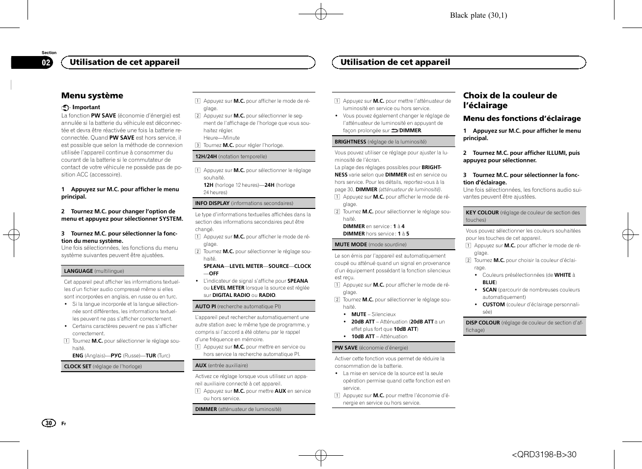 Menu système, Choix de la couleur de l ’éclairage, Utilisation de cet appareil | Pioneer DEH-X6600DAB User Manual | Page 30 / 148