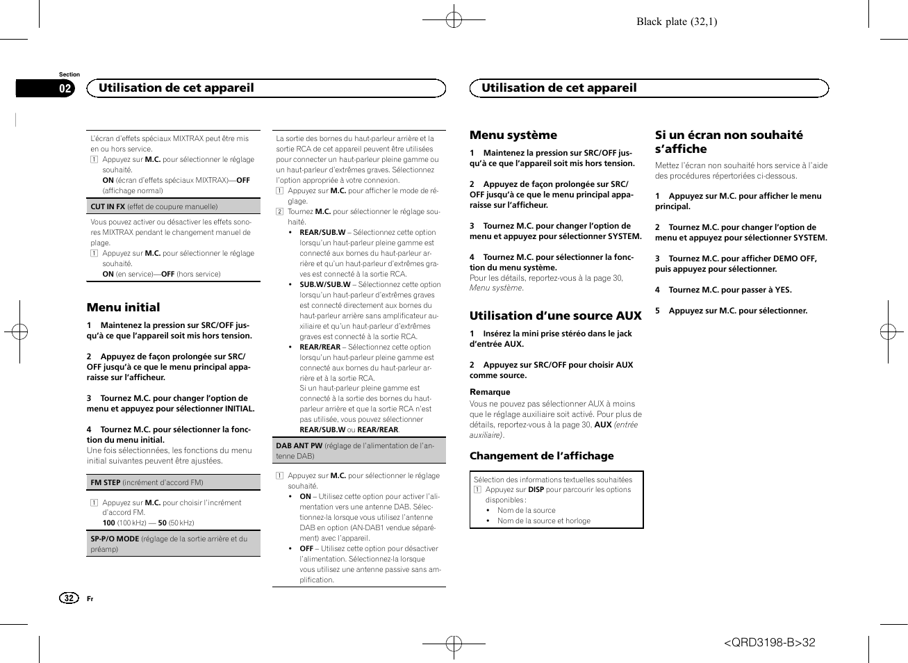 Sp-p/o mode (réglage de la sor, Tie arrière et du préamp), Sp-p/o mode (réglage | De la sortie arrière et du préamp), Menu initial, Menu système, Utilisation d ’une source aux, Si un écran non souhaité s ’affiche, Utilisation de cet appareil | Pioneer DEH-X6600DAB User Manual | Page 32 / 148