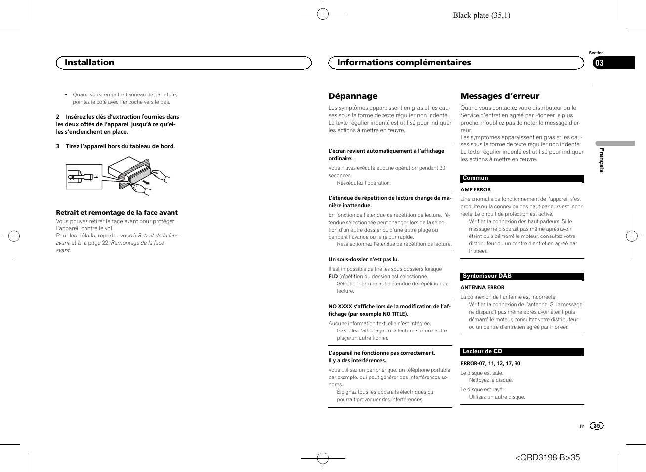 Dépannage, Messages d ’erreur, Installation | Informations complémentaires | Pioneer DEH-X6600DAB User Manual | Page 35 / 148