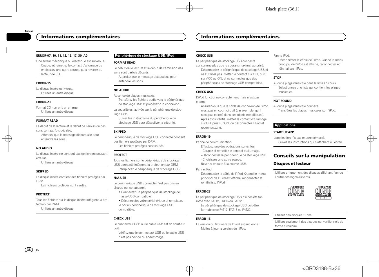 Conseils sur la manipulation, Informations complémentaires | Pioneer DEH-X6600DAB User Manual | Page 36 / 148