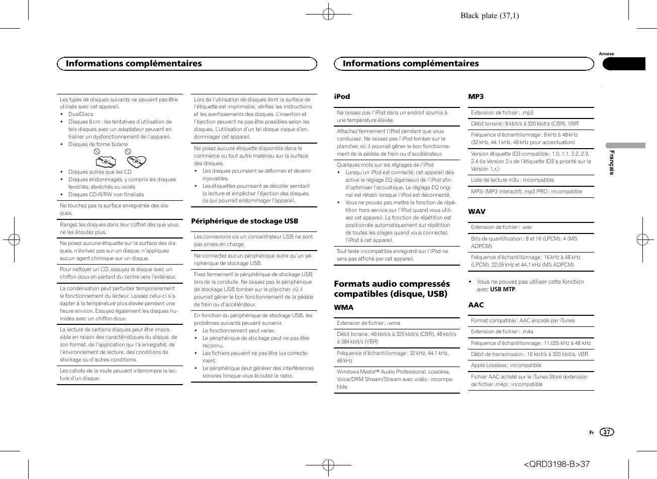 Formats audio compressés compatibles (disque, usb), Informations complémentaires | Pioneer DEH-X6600DAB User Manual | Page 37 / 148