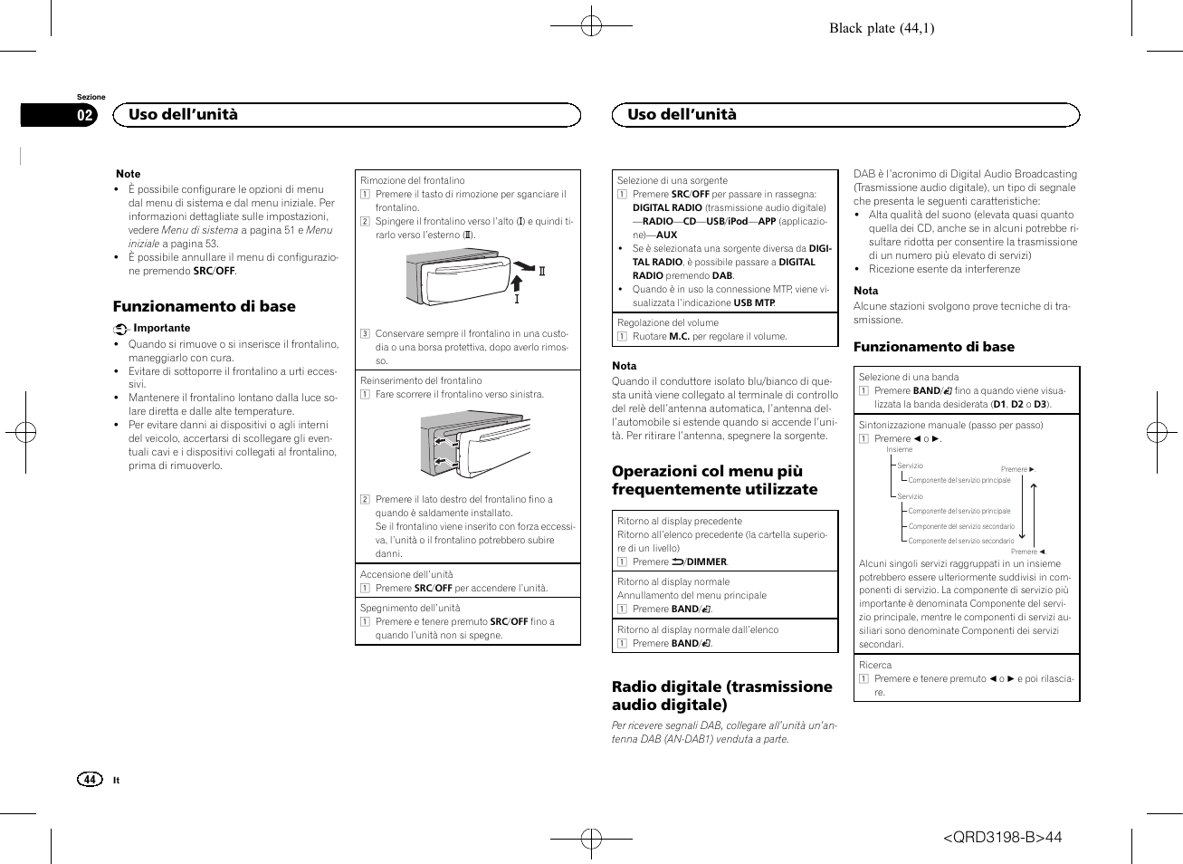 Funzionamento di base, Operazioni col menu più frequentemente utilizzate, Radio digitale (trasmissione audio digitale) | Uso dell ’unità | Pioneer DEH-X6600DAB User Manual | Page 44 / 148
