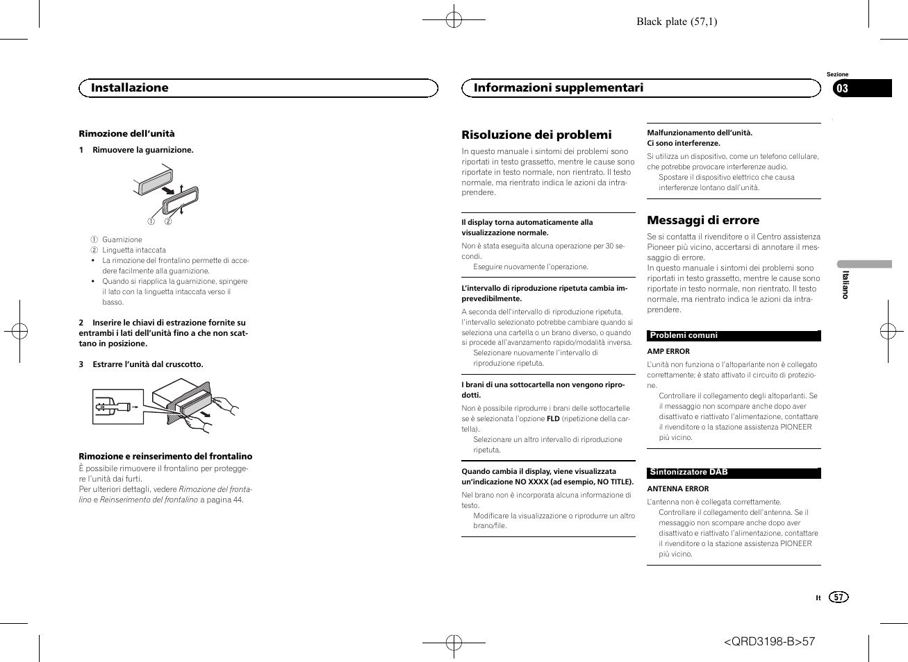 Risoluzione dei problemi, Messaggi di errore, Installazione | Informazioni supplementari | Pioneer DEH-X6600DAB User Manual | Page 57 / 148