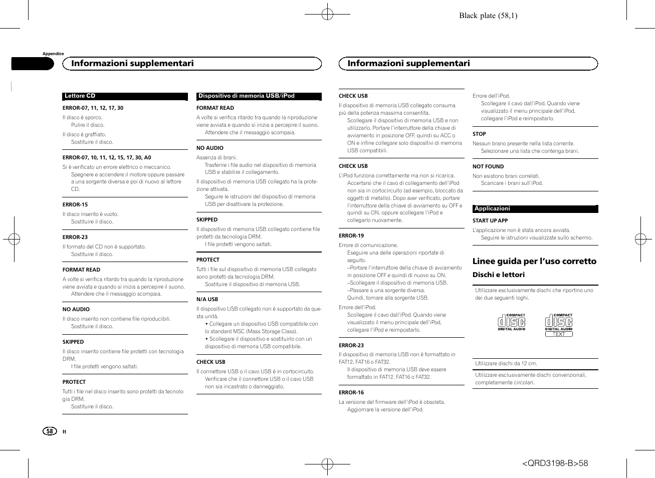 Linee guida per l ’uso corretto, Informazioni supplementari | Pioneer DEH-X6600DAB User Manual | Page 58 / 148
