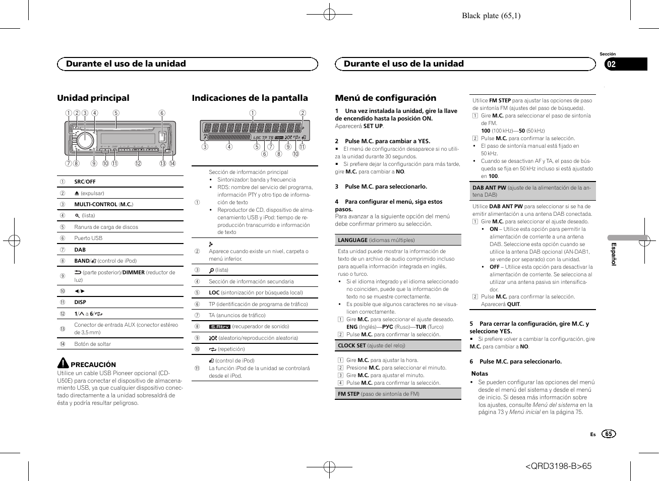 Unidad principal, Indicaciones de la pantalla, Menú de configuración | Durante el uso de la unidad | Pioneer DEH-X6600DAB User Manual | Page 65 / 148