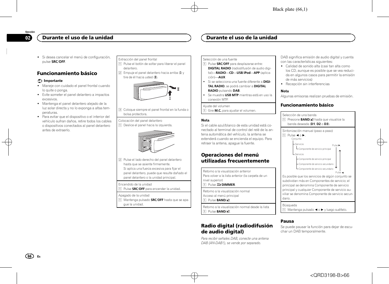 Funcionamiento básico, Operaciones del menú utilizadas frecuentemente, Radio digital (radiodifusión de audio digital) | Durante el uso de la unidad | Pioneer DEH-X6600DAB User Manual | Page 66 / 148