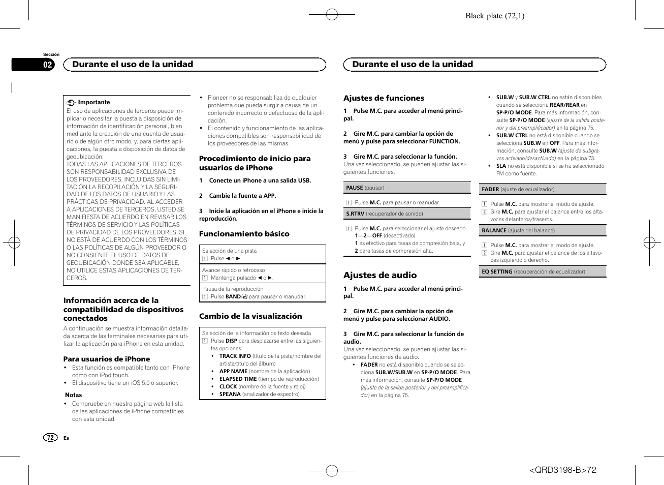 Ajustes de audio, Durante el uso de la unidad | Pioneer DEH-X6600DAB User Manual | Page 72 / 148