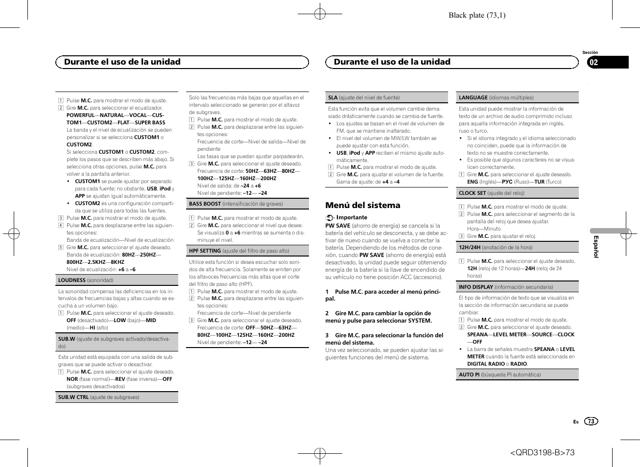 Sub.w (ajuste de subgra, Menú del sistema, Durante el uso de la unidad | Pioneer DEH-X6600DAB User Manual | Page 73 / 148