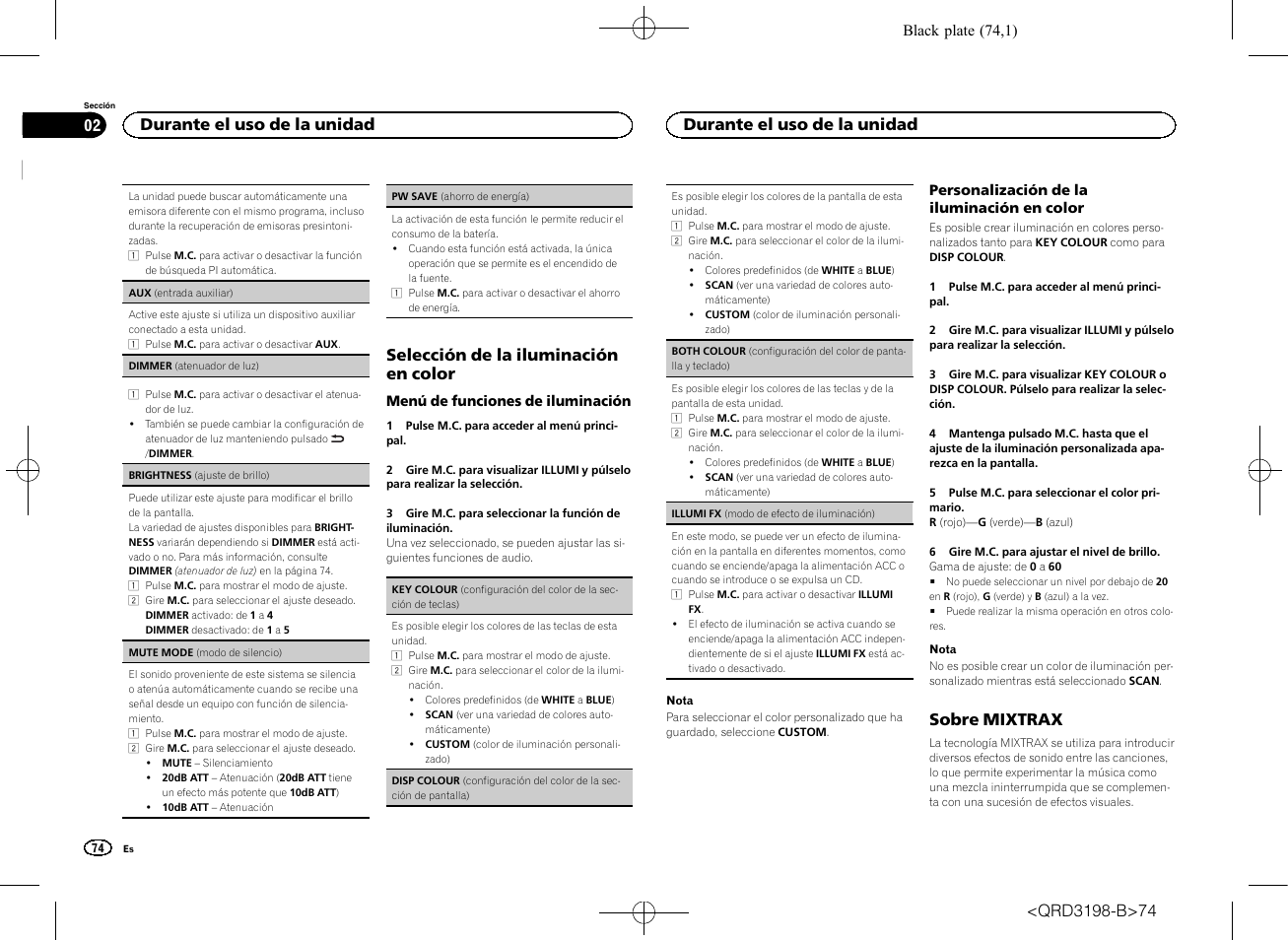 Selección de la iluminación en color, Sobre mixtrax, Durante el uso de la unidad | Pioneer DEH-X6600DAB User Manual | Page 74 / 148