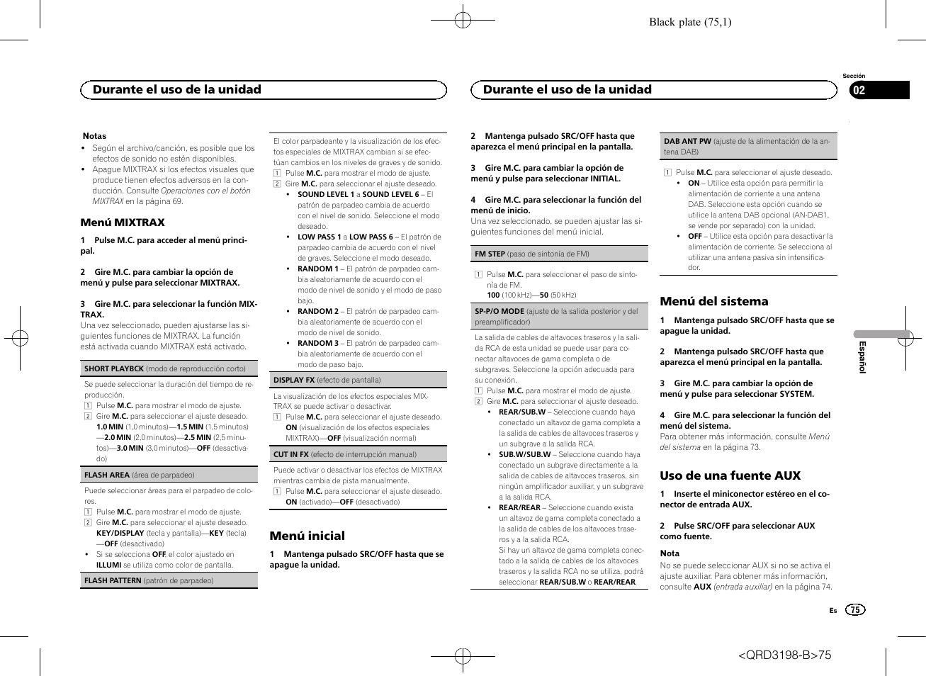 Sp-p/o mode, Sp-p/o mode (ajuste de la salida poste, Menú inicial | Menú del sistema, Uso de una fuente aux, Durante el uso de la unidad | Pioneer DEH-X6600DAB User Manual | Page 75 / 148