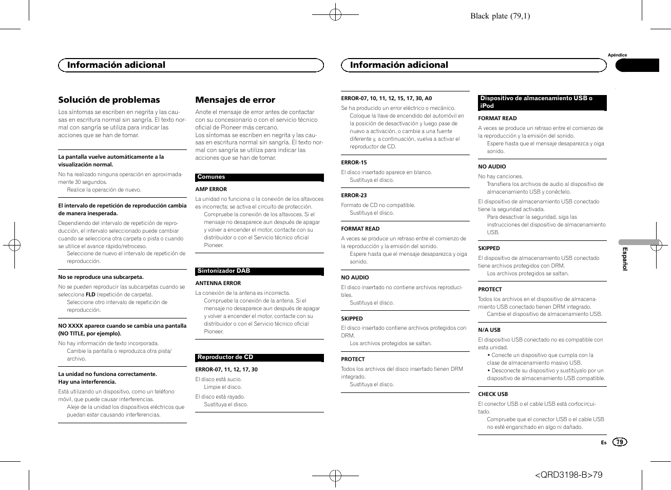 Solución de problemas, Mensajes de error, Información adicional | Pioneer DEH-X6600DAB User Manual | Page 79 / 148