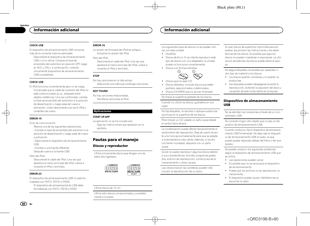 Pautas para el manejo, Información adicional | Pioneer DEH-X6600DAB User Manual | Page 80 / 148