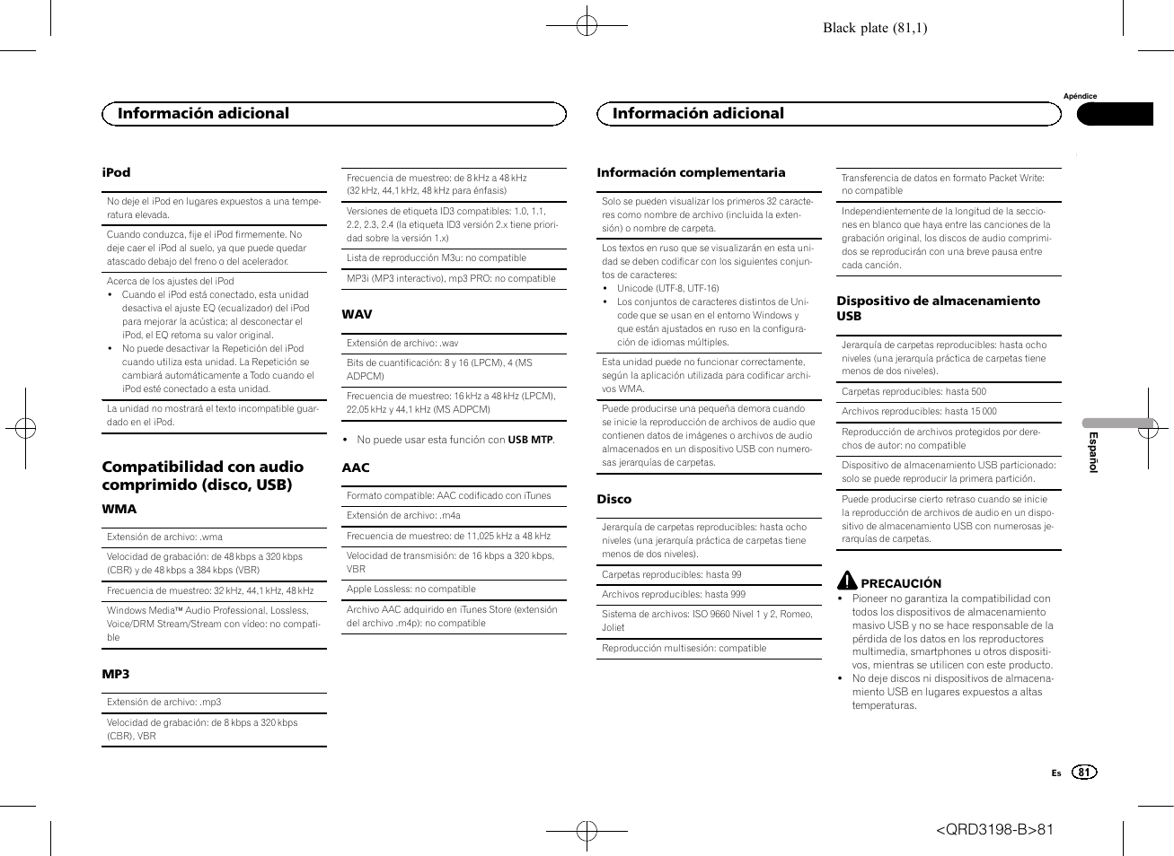 Compatibilidad con audio comprimido (disco, usb), Información adicional | Pioneer DEH-X6600DAB User Manual | Page 81 / 148