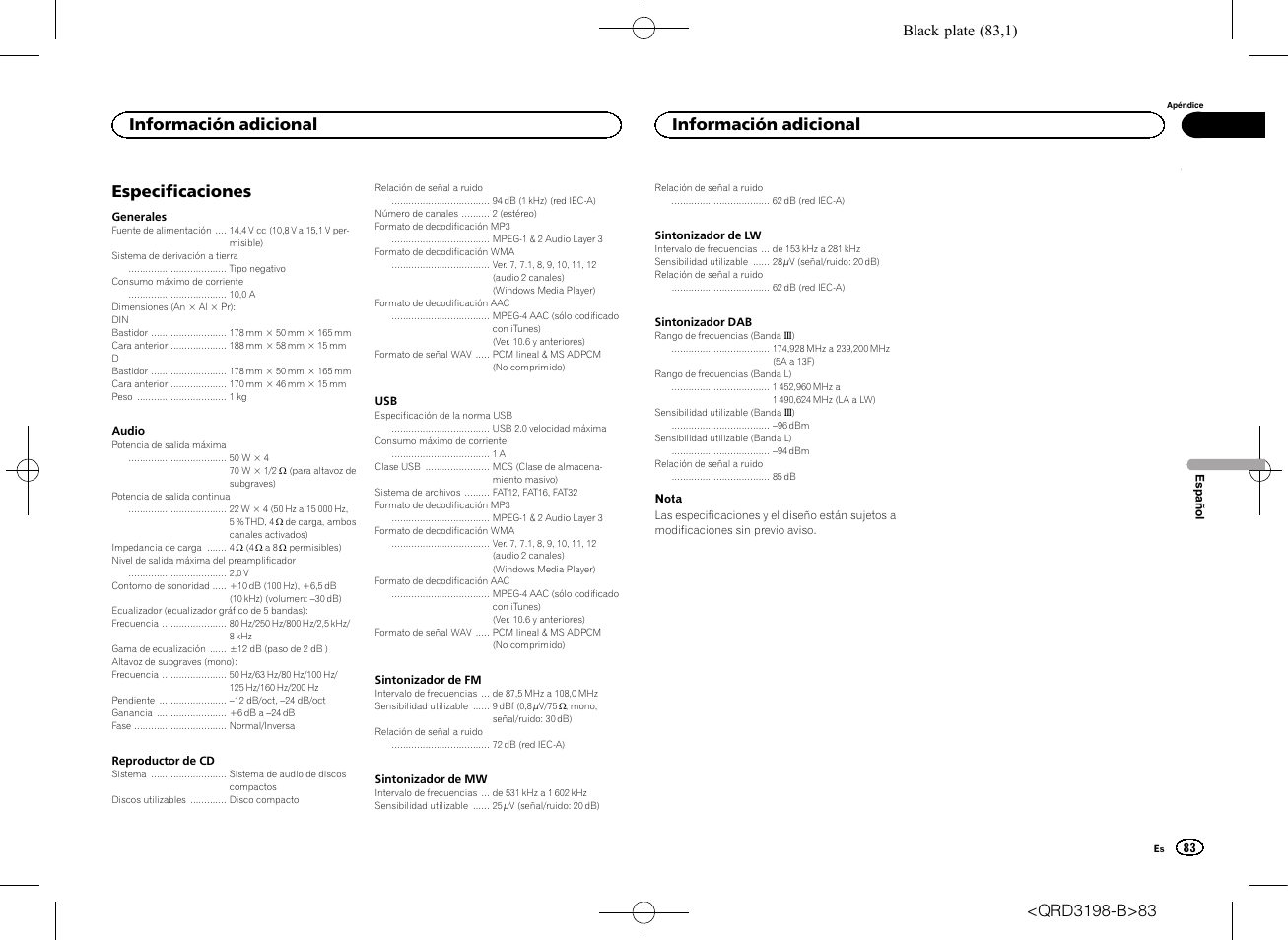 Especificaciones, Información adicional, Black plate (83,1) | Pioneer DEH-X6600DAB User Manual | Page 83 / 148