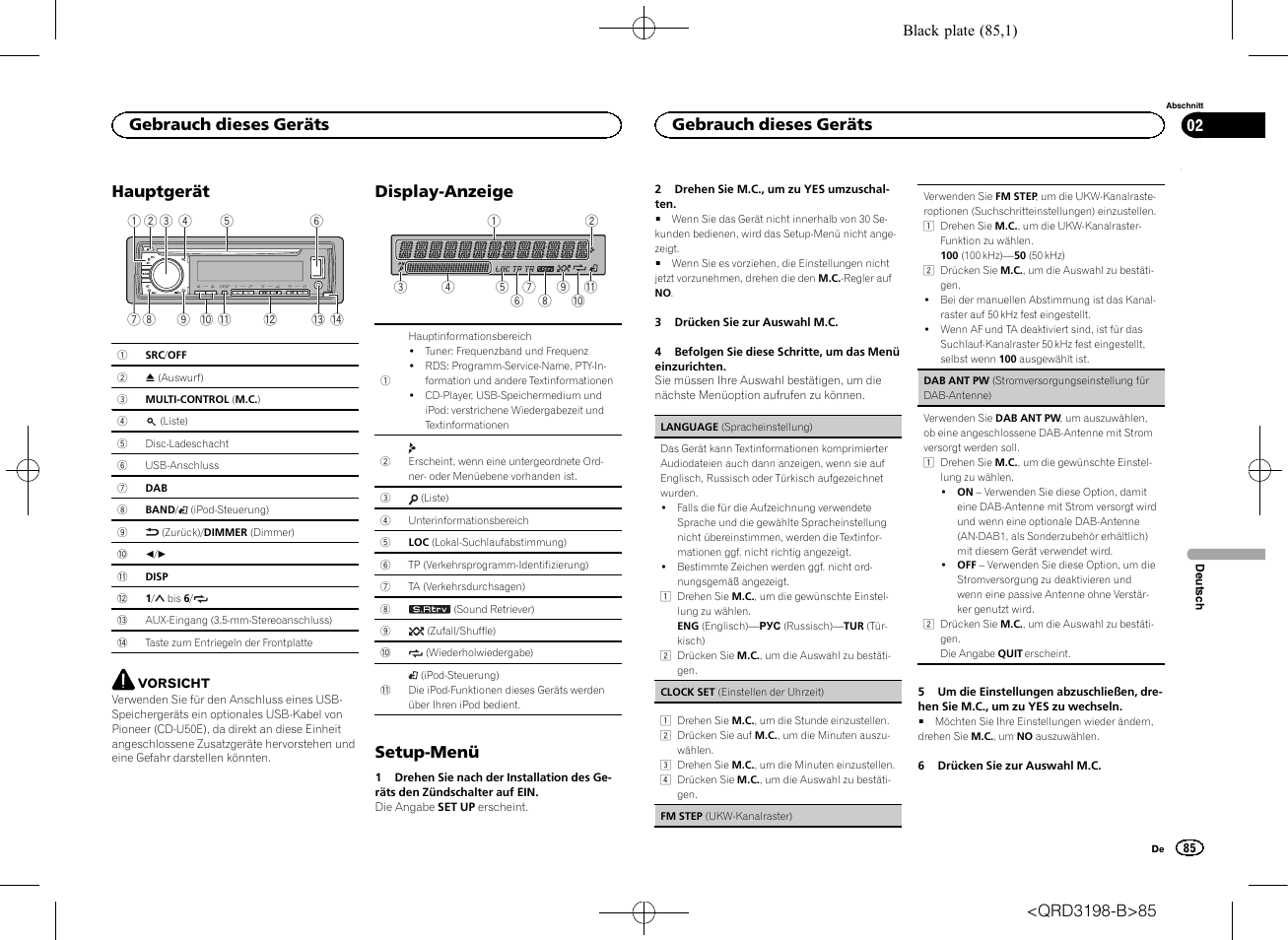 Hauptgerät, Display-anzeige, Setup-menü | Gebrauch dieses geräts | Pioneer DEH-X6600DAB User Manual | Page 85 / 148
