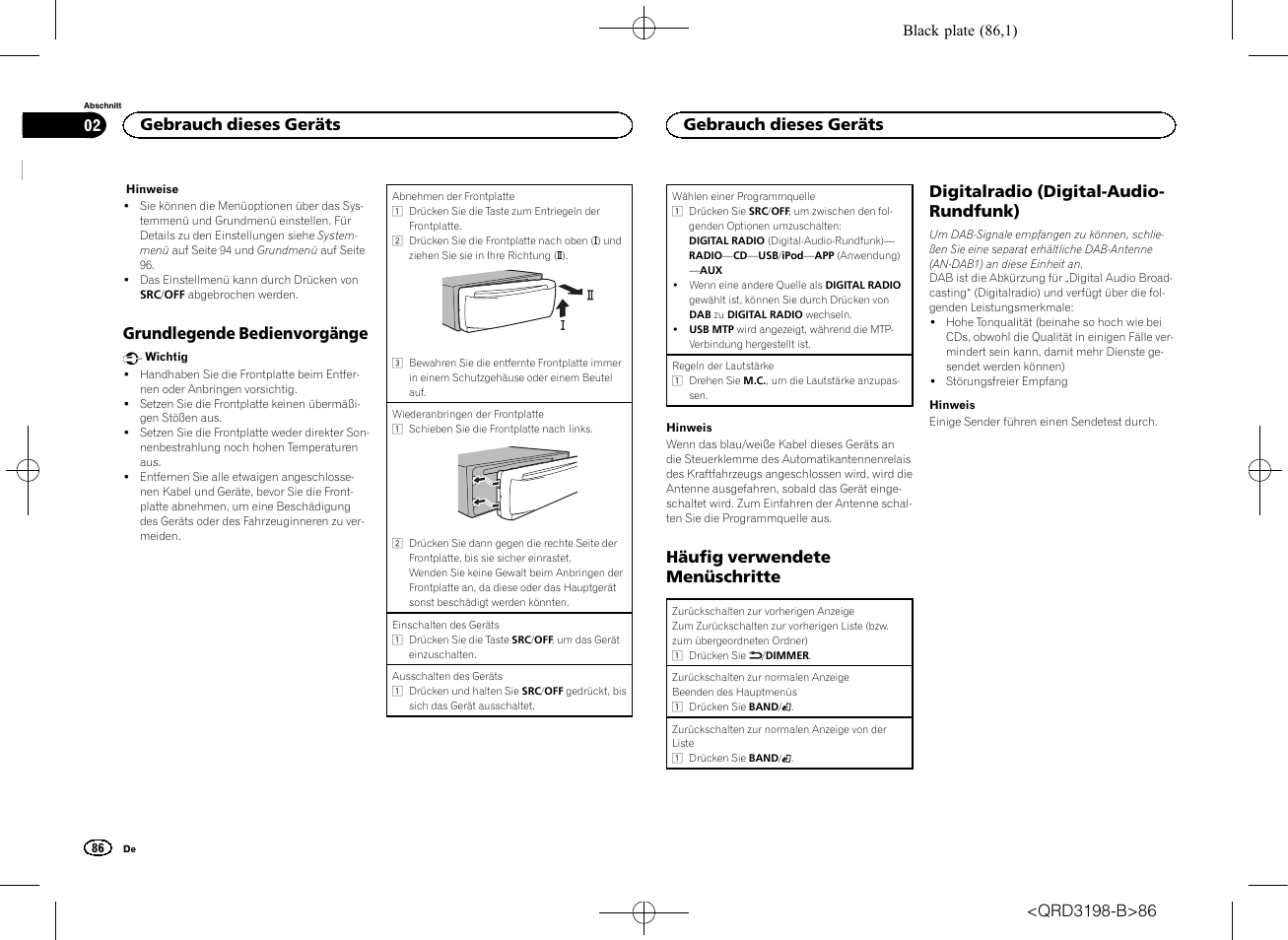 Grundlegende bedienvorgänge, Häufig verwendete menüschritte, Digitalradio (digital-audio- rundfunk) | Gebrauch dieses geräts | Pioneer DEH-X6600DAB User Manual | Page 86 / 148