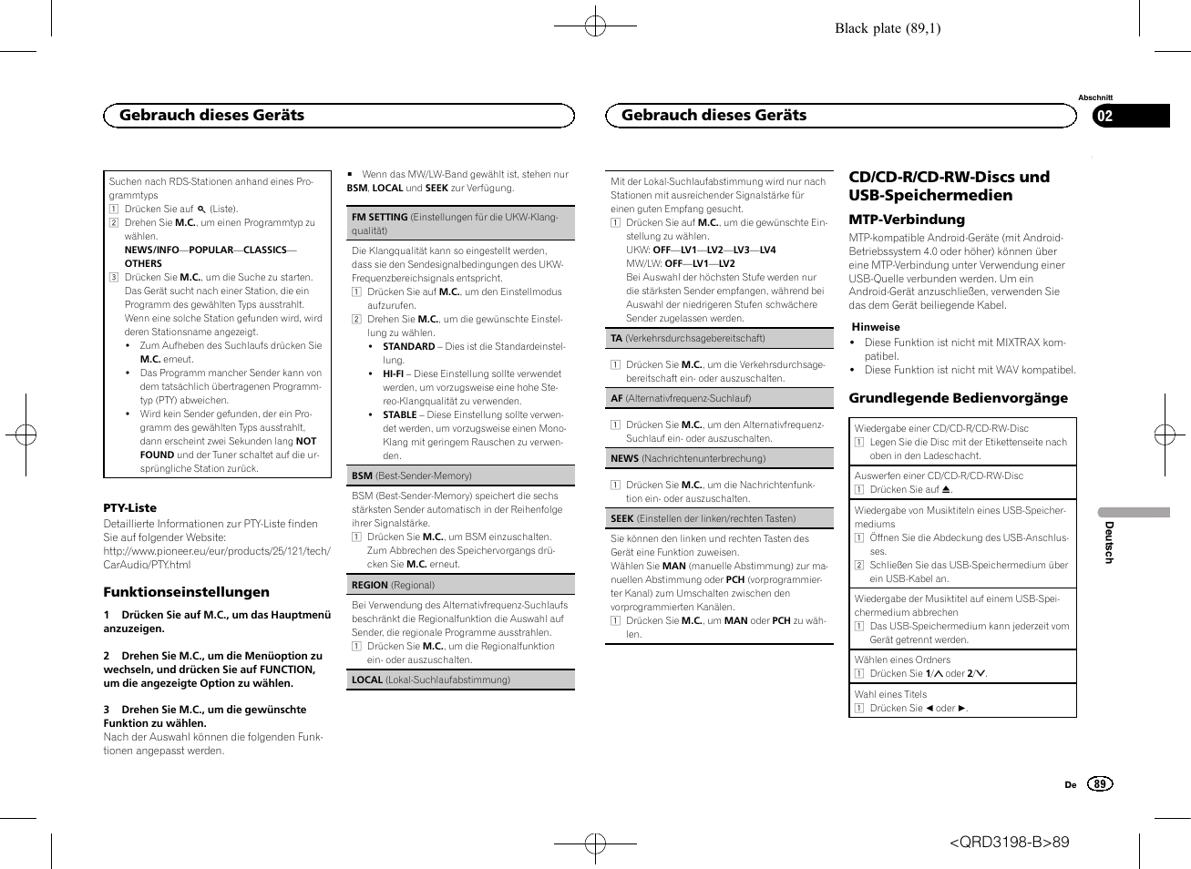 Seek (ein, Stellen der linken/rechten tasten) auf seite 89, Af (alternativfre | Quenz-suchlauf) auf seite 89), Cd/cd-r/cd-rw-discs und usb-speichermedien, Gebrauch dieses geräts | Pioneer DEH-X6600DAB User Manual | Page 89 / 148