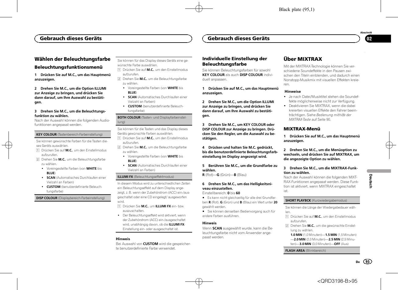 Wählen der beleuchtungsfarbe, Über mixtrax, Gebrauch dieses geräts | Pioneer DEH-X6600DAB User Manual | Page 95 / 148