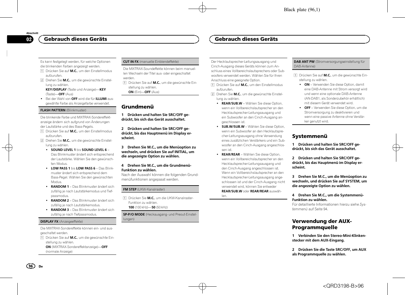 Sp-p/o mode (heckausgang, Und preout-einstellungen) auf seite 96, Sp-p/o mode (heckausgang- und | Preout-einstellungen) auf seite 96, Grundmenü, Systemmenü, Verwendung der aux- programmquelle, Gebrauch dieses geräts | Pioneer DEH-X6600DAB User Manual | Page 96 / 148