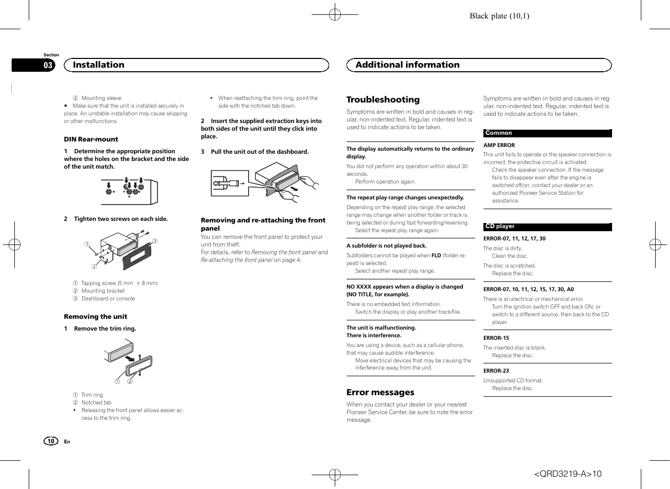 Troubleshooting, Error messages, Installation | Additional information | Pioneer DEH-1600UBG User Manual | Page 10 / 100