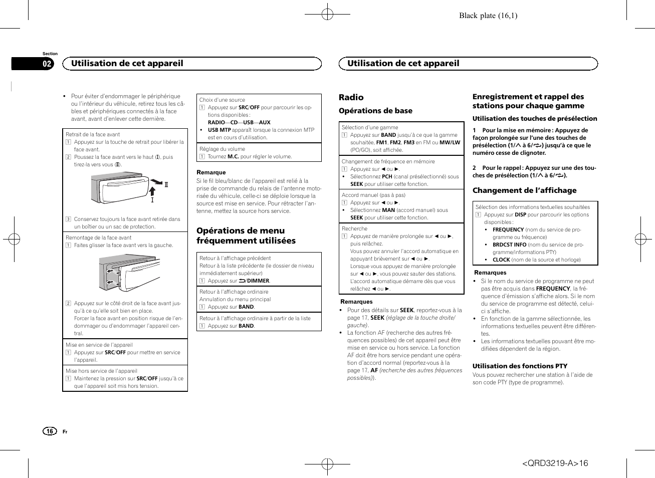 Opérations de menu fréquemment utilisées, Radio, Utilisation de cet appareil | Pioneer DEH-1600UBG User Manual | Page 16 / 100