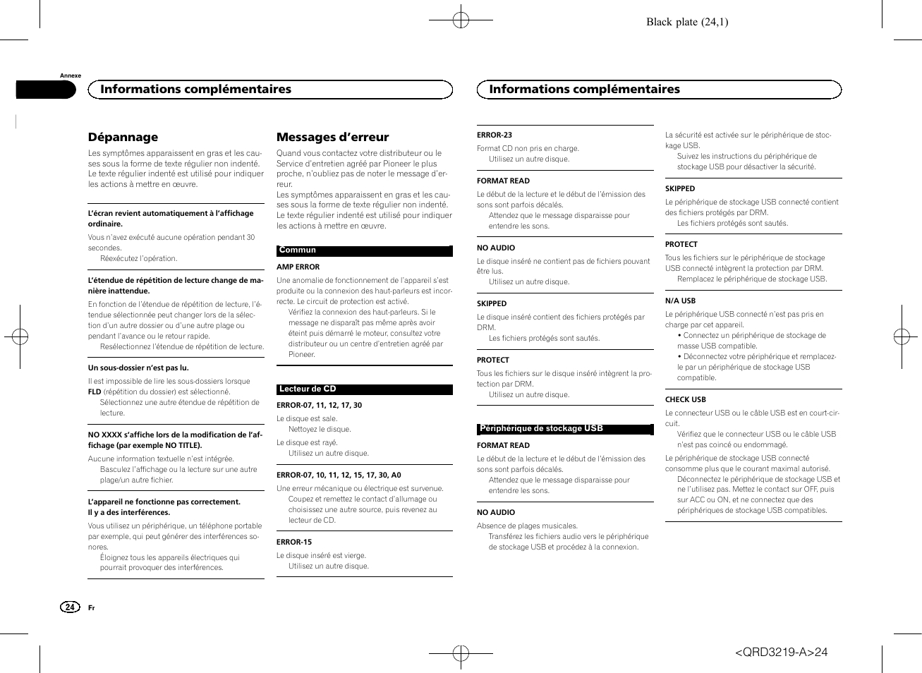Dépannage, Messages d ’erreur, Informations complémentaires | Pioneer DEH-1600UBG User Manual | Page 24 / 100