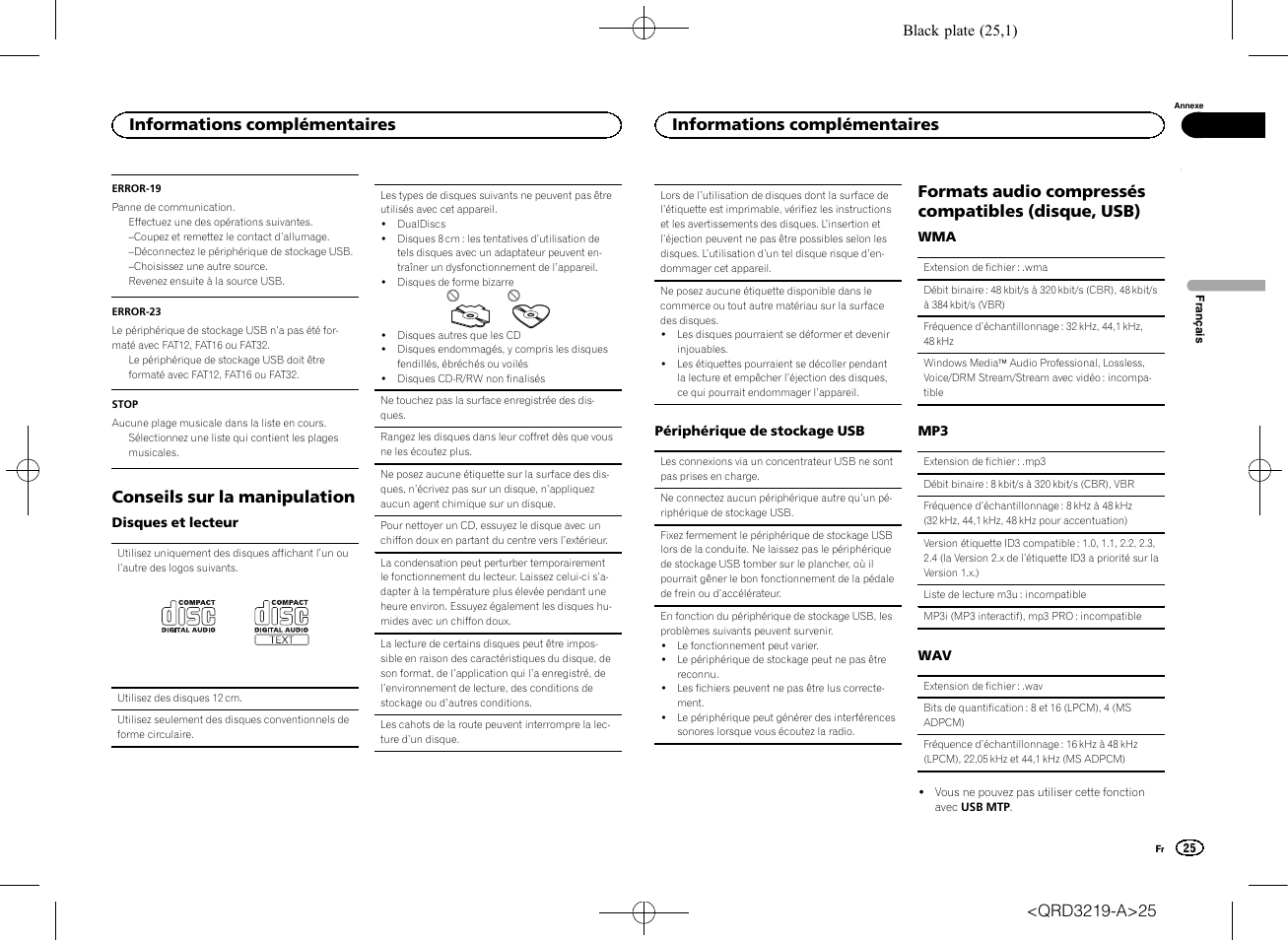 Conseils sur la manipulation, Formats audio compressés compatibles (disque, usb), Informations complémentaires | Pioneer DEH-1600UBG User Manual | Page 25 / 100