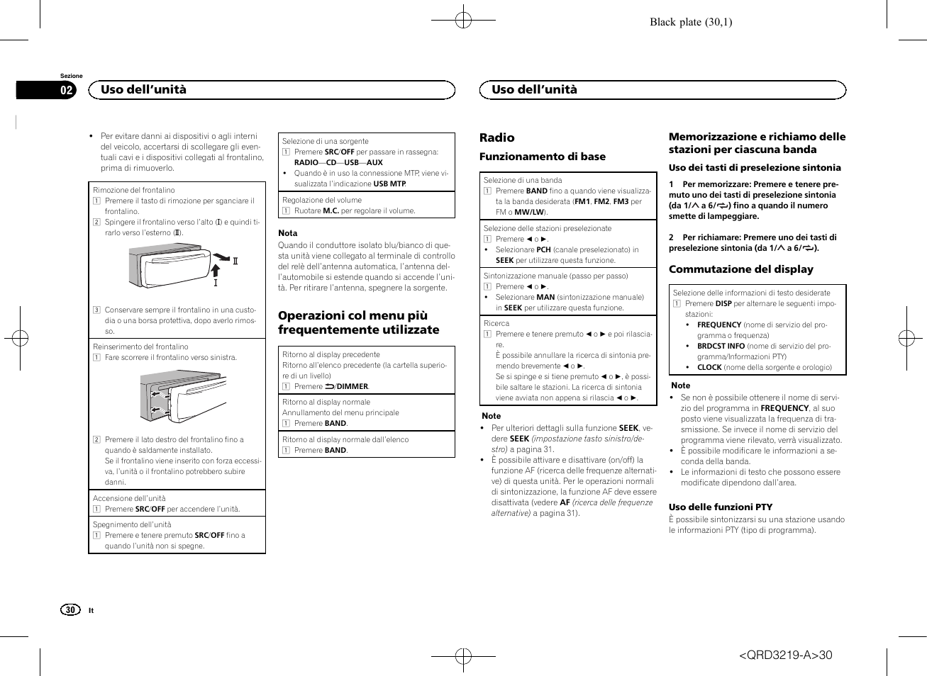 Operazioni col menu più frequentemente utilizzate, Radio, Uso dell ’unità | Pioneer DEH-1600UBG User Manual | Page 30 / 100