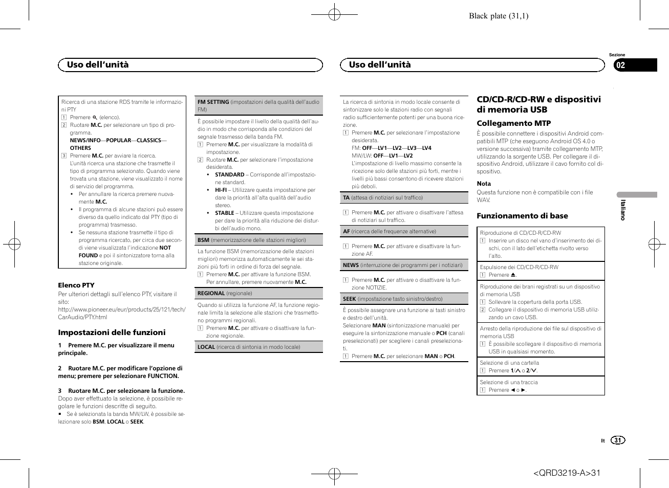 Seek (impostazione tasto sinistro/de, Af (ricerca delle frequenze, Uso dell ’unità | Pioneer DEH-1600UBG User Manual | Page 31 / 100